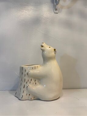 Ceramic White Bear Planter with Gold Accents